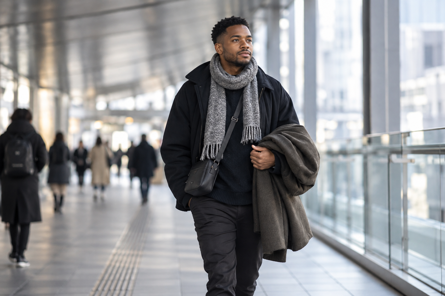 A solo traveler walking along a generic covered pedestrian corridor