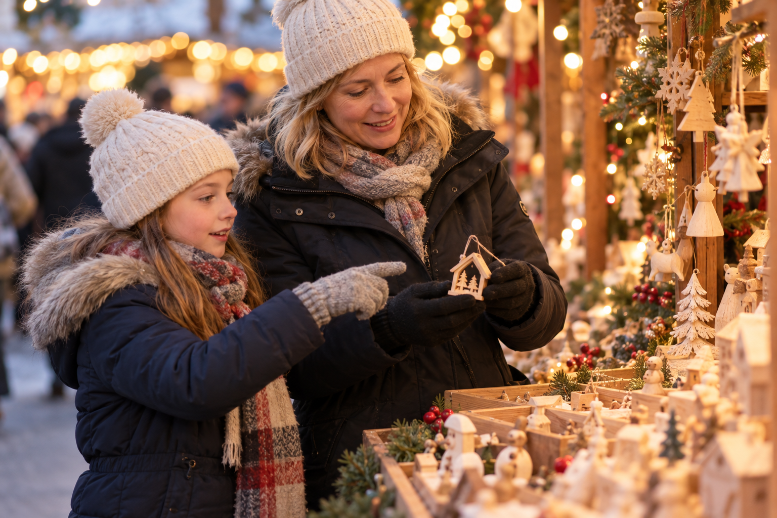 A mother and child browsing ornaments at a generic seasonal craft stall