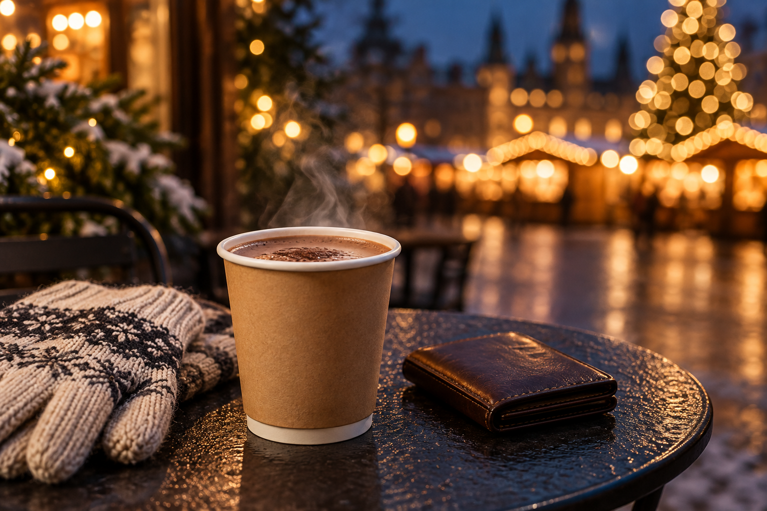 An unbranded cup of hot chocolate beside winter gloves and a closed wallet