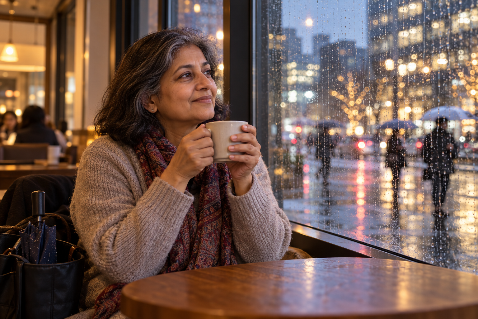 A solo traveler resting with a warm drink in a generic cafe on a rainy evening