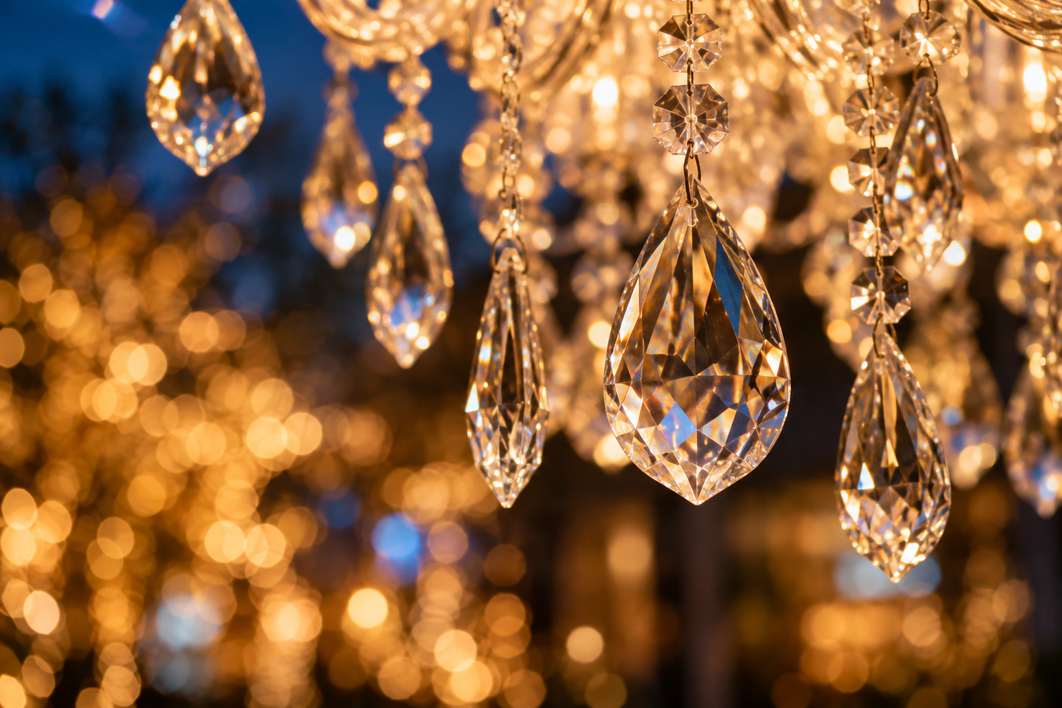 Conceptual close-up of crystal pendants catching warm seasonal light