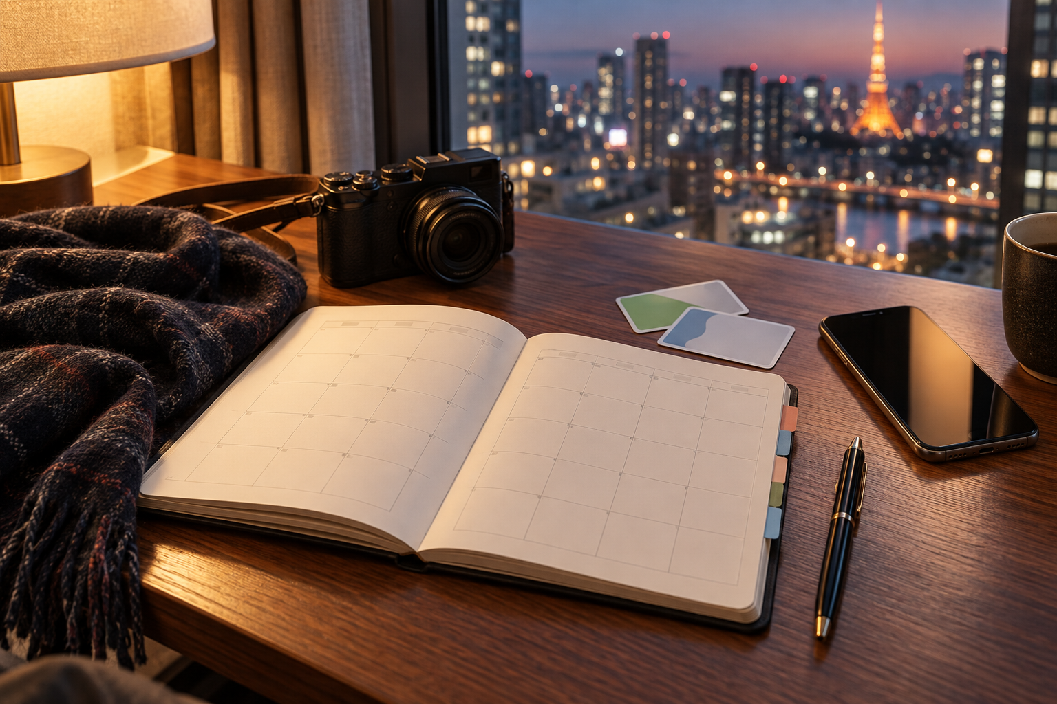 Notebook, camera and scarf prepared for planning a Tokyo winter evening