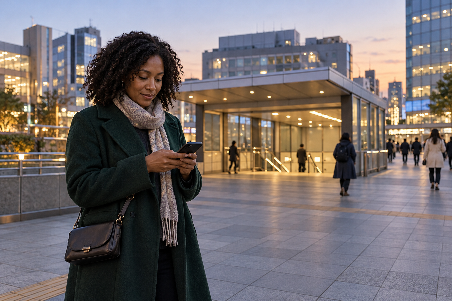A solo traveler checking her route beside a generic Tokyo subway entrance