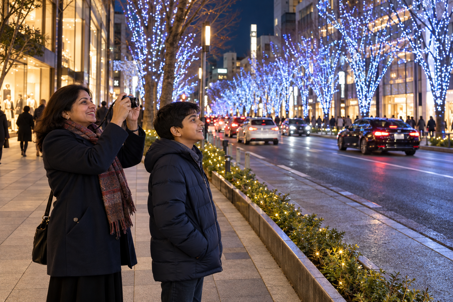 A parent and child watching winter lights from a broad sidewalk