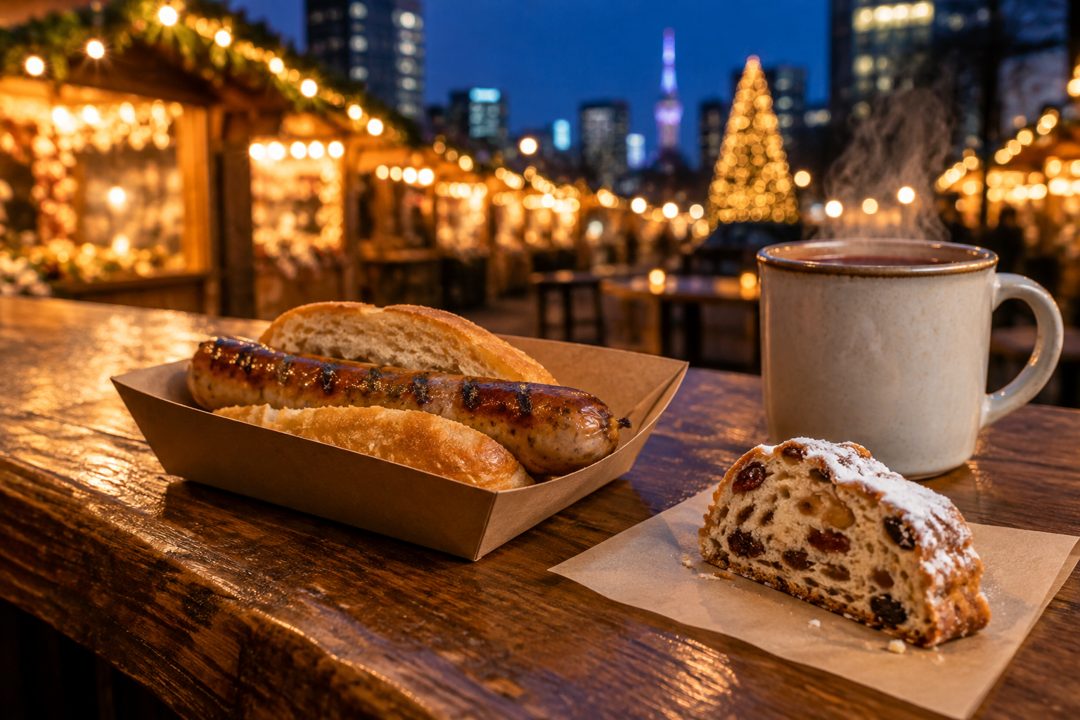 A sausage, stollen and hot drink illustrating a winter-market snack