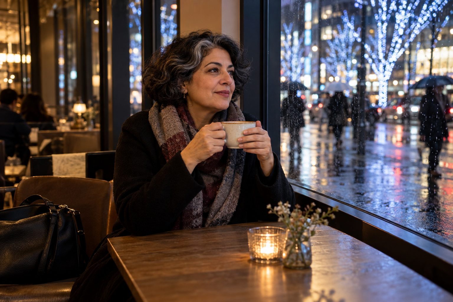 A traveler taking an indoor cafe break on a wet winter evening