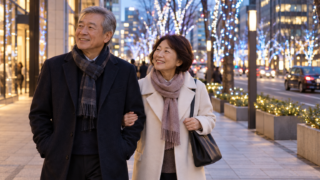 Senior travelers enjoying a conceptual Tokyo winter lights walk