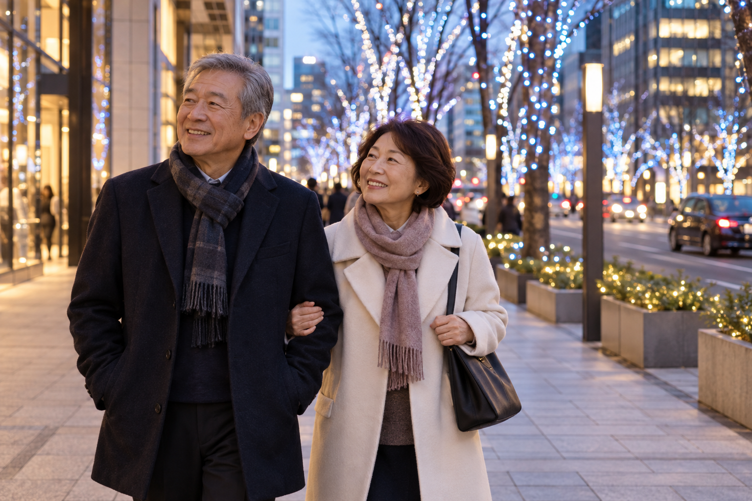 Senior travelers enjoying a conceptual Tokyo winter lights walk