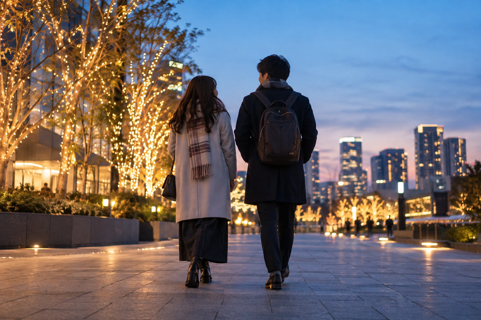 Two visitors in coats walking on a generic urban pavement