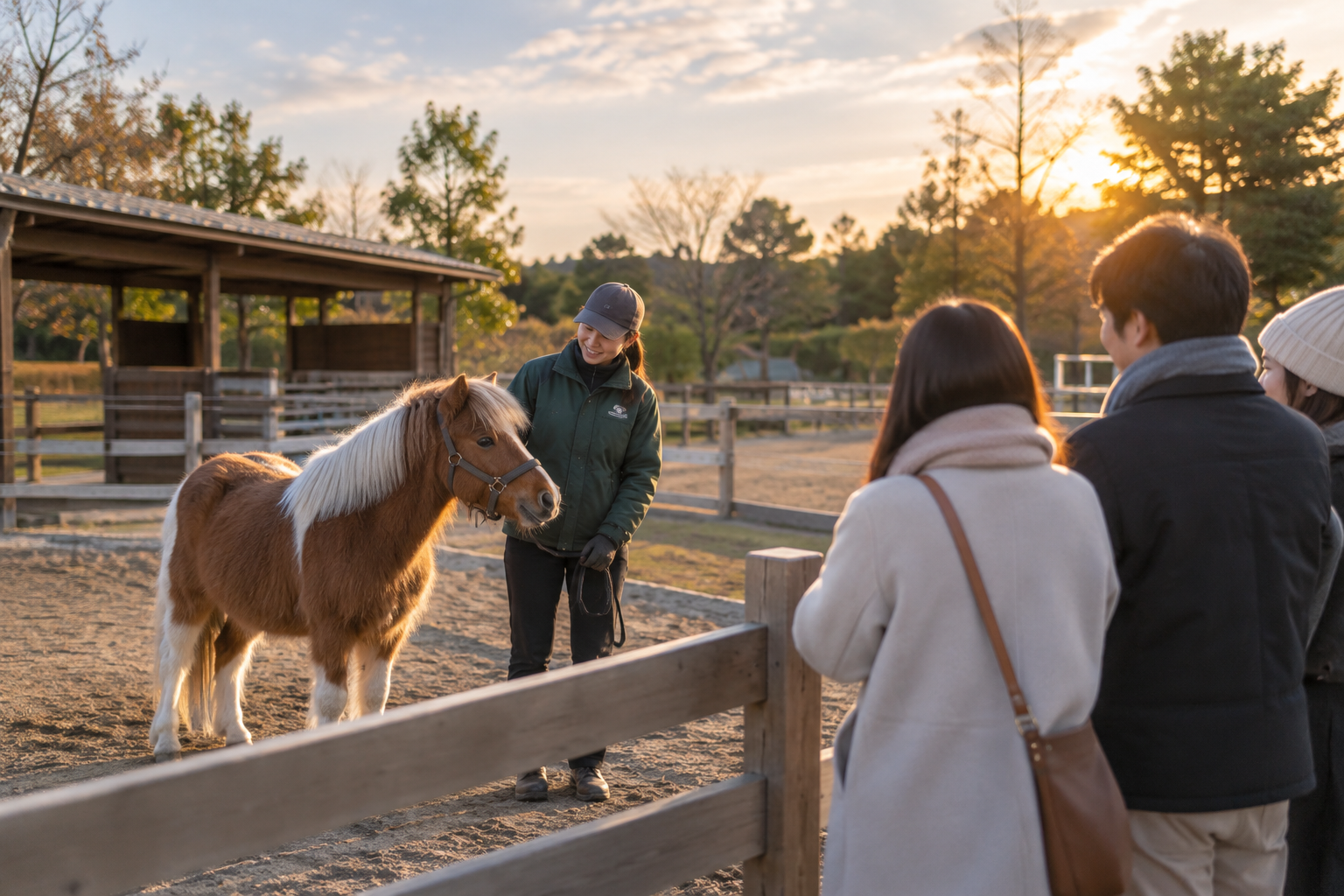 A miniature pony with a handler inside a generic fenced enclosure