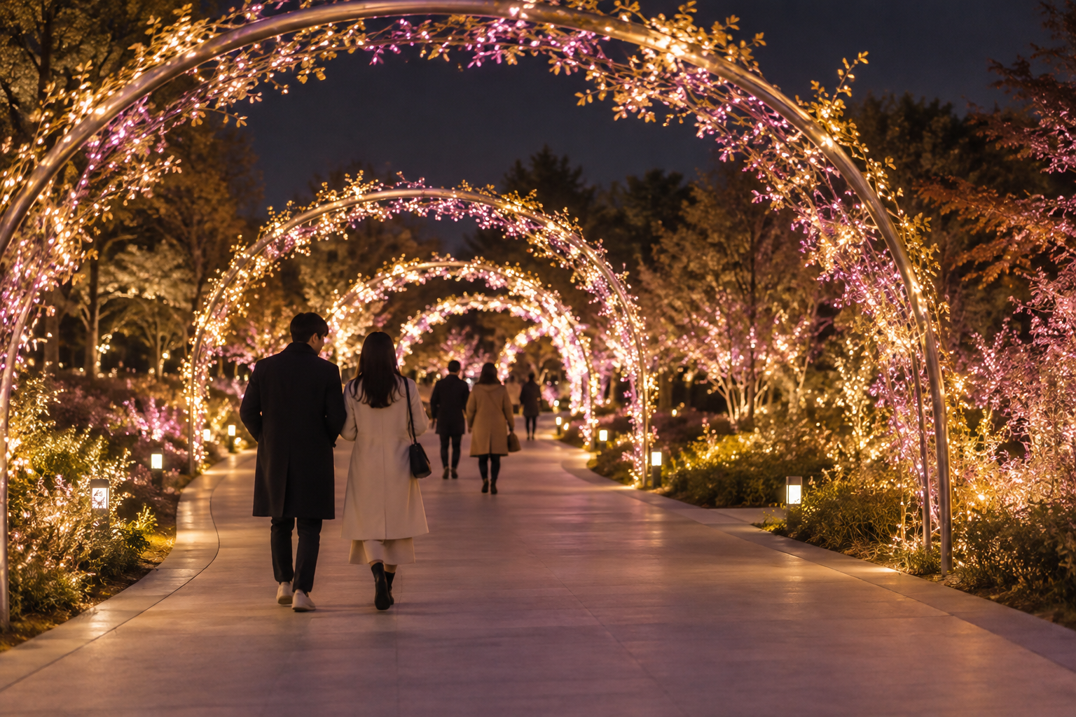A wide path under imagined arches of pink and gold lights