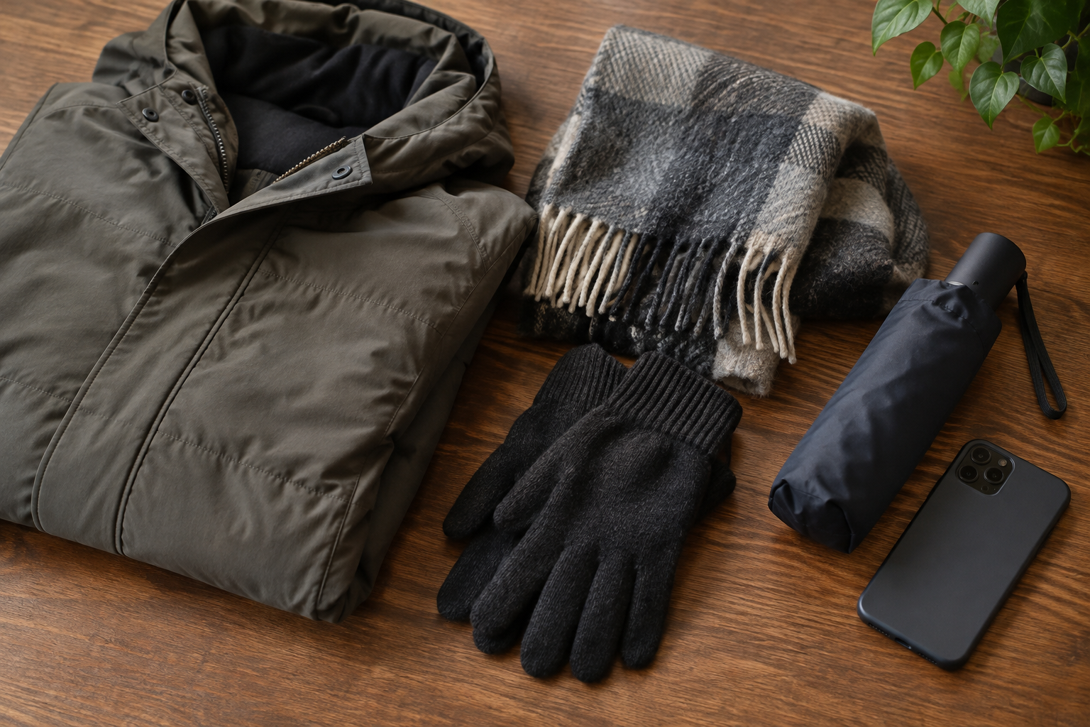 A winter jacket, scarf, gloves and closed umbrella beside a phone