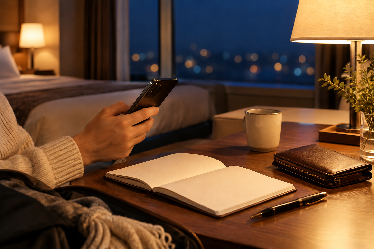 A traveler holding a phone turned away beside a blank notebook