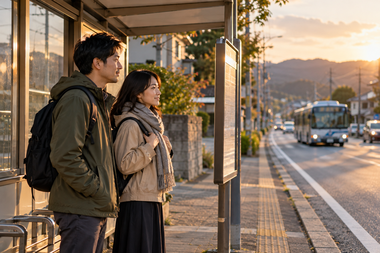 Conceptual travelers waiting safely at a suburban bus shelter