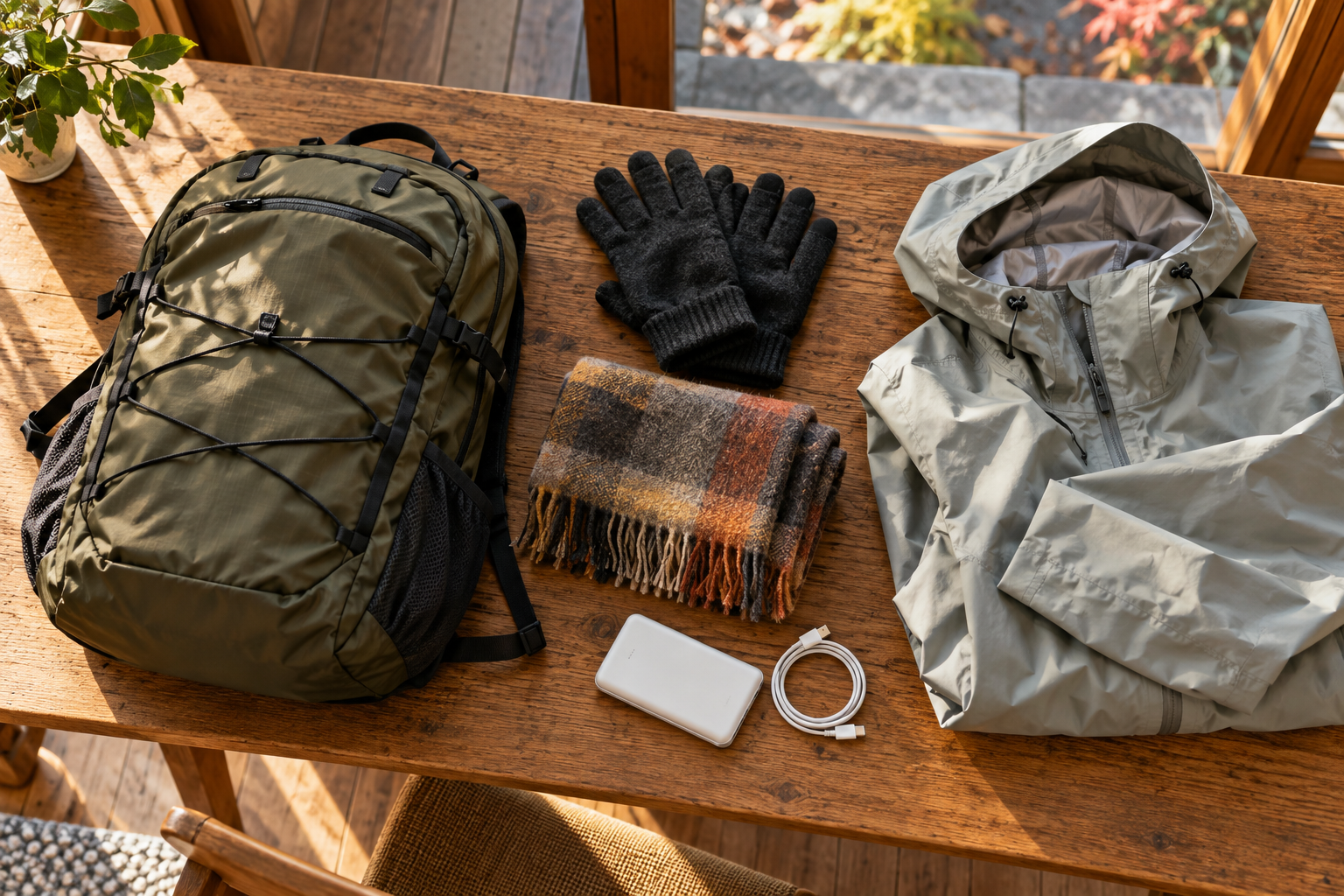 Daypack, gloves, scarf, rain shell and portable phone battery
