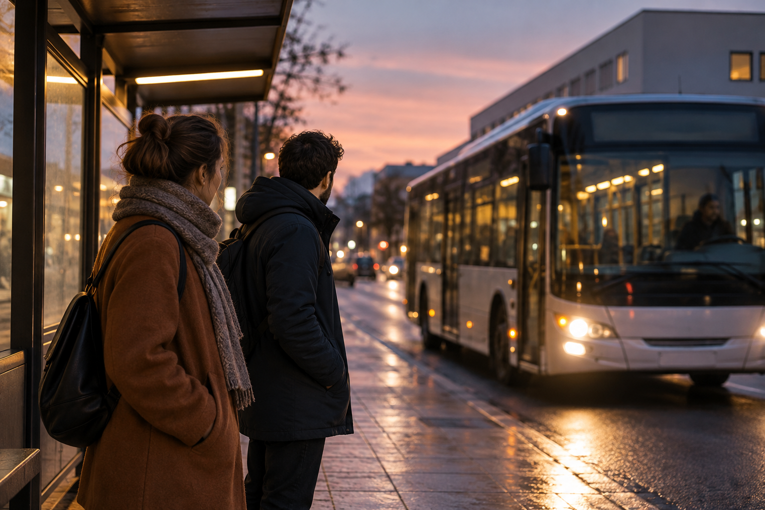 Conceptual travelers waiting on a sheltered pavement for a local bus