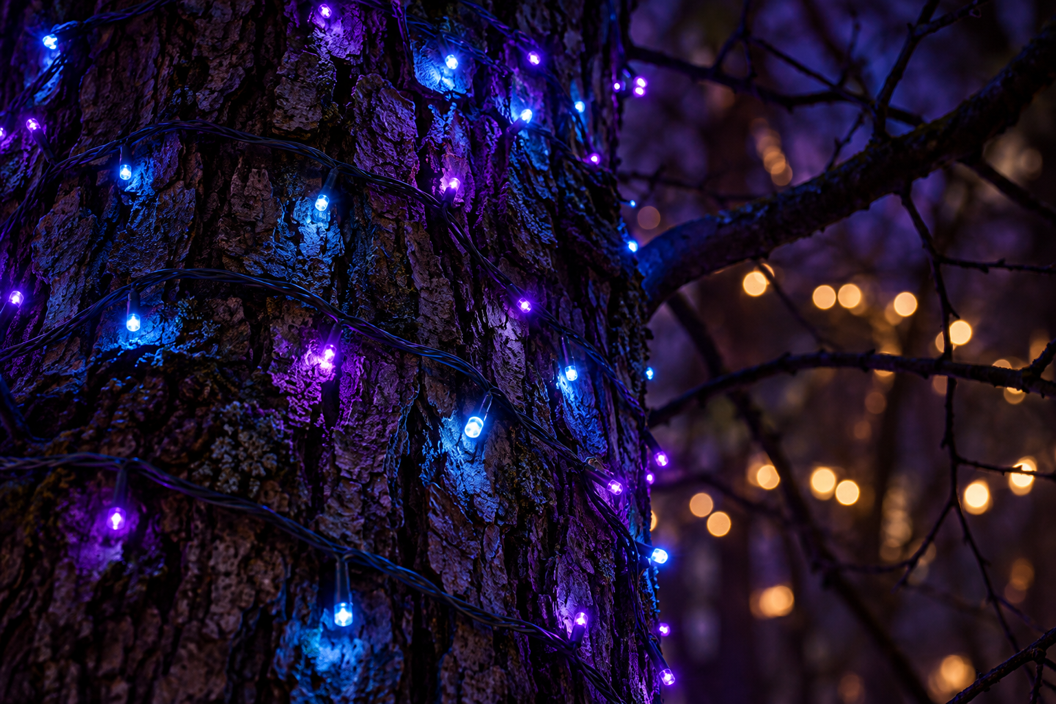 Conceptual violet and blue lights wrapped around forest tree bark