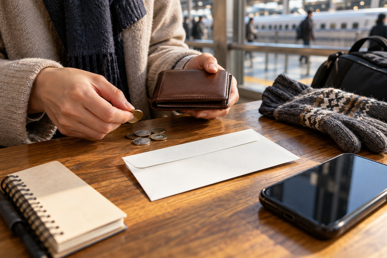 Conceptual ticket preparations with wallet, coins and a plain envelope
