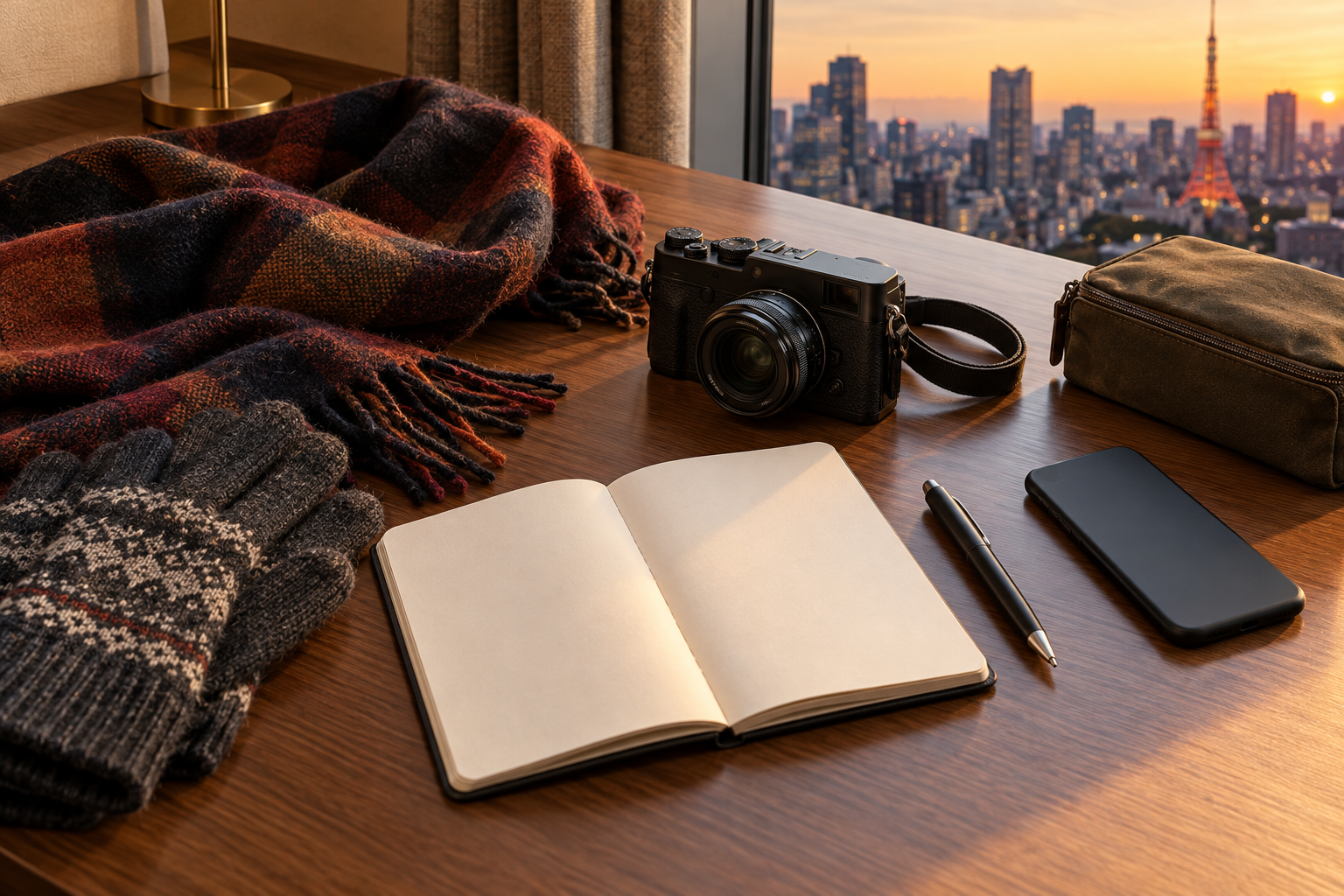 Camera, scarf and blank notebook prepared for planning a winter evening