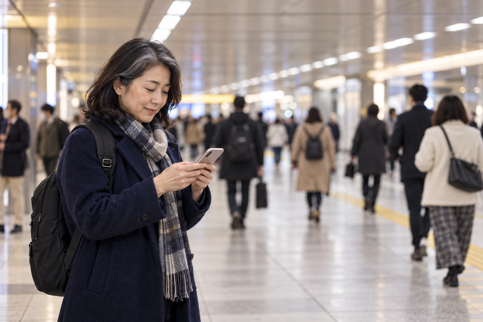 A solo traveler checking her phone beside the flow of a generic station concourse