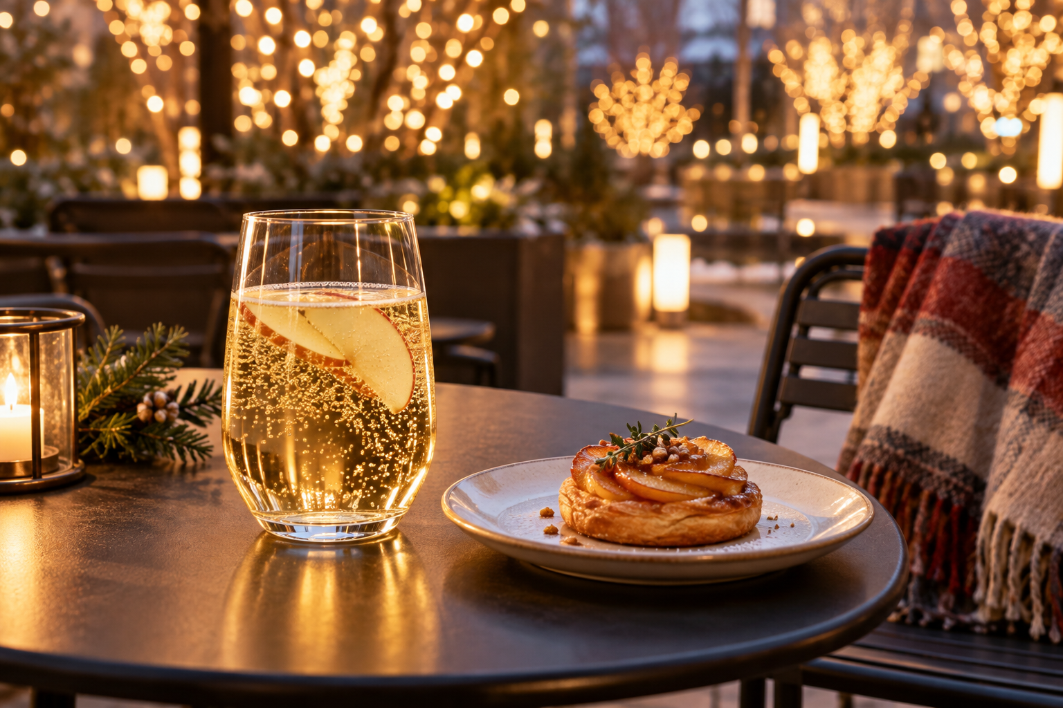 A sparkling apple drink and pastry on a generic cafe table with winter lights behind
