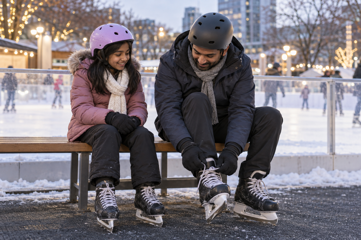 A father and daughter preparing their skates beside a generic outdoor rink