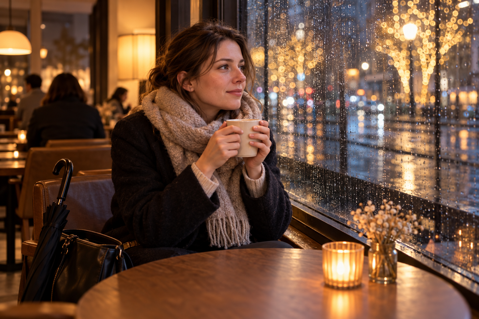 A solo traveler warming up in a generic cafe on a rainy winter evening
