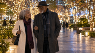 Senior travelers enjoying a conceptual winter lights walk