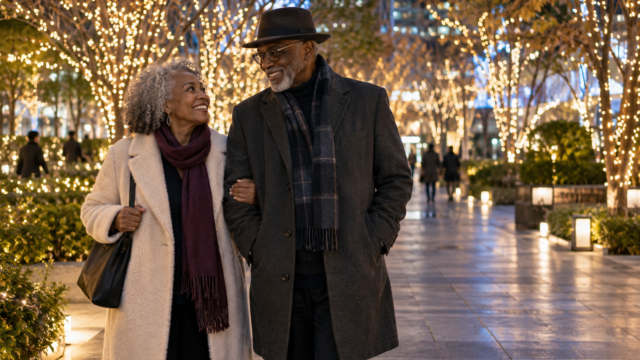 Senior travelers enjoying a conceptual winter lights walk