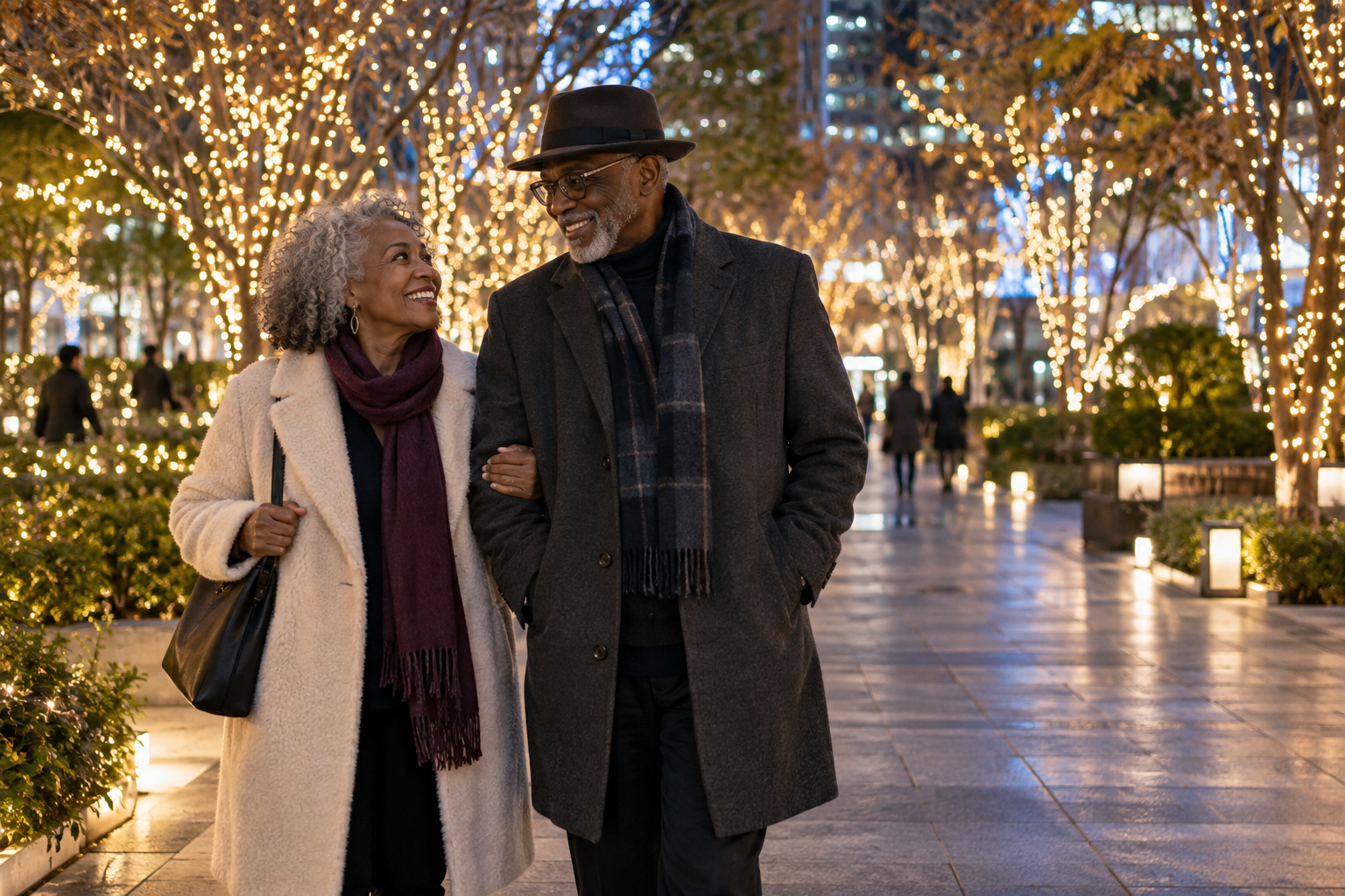 Senior travelers enjoying a conceptual winter lights walk