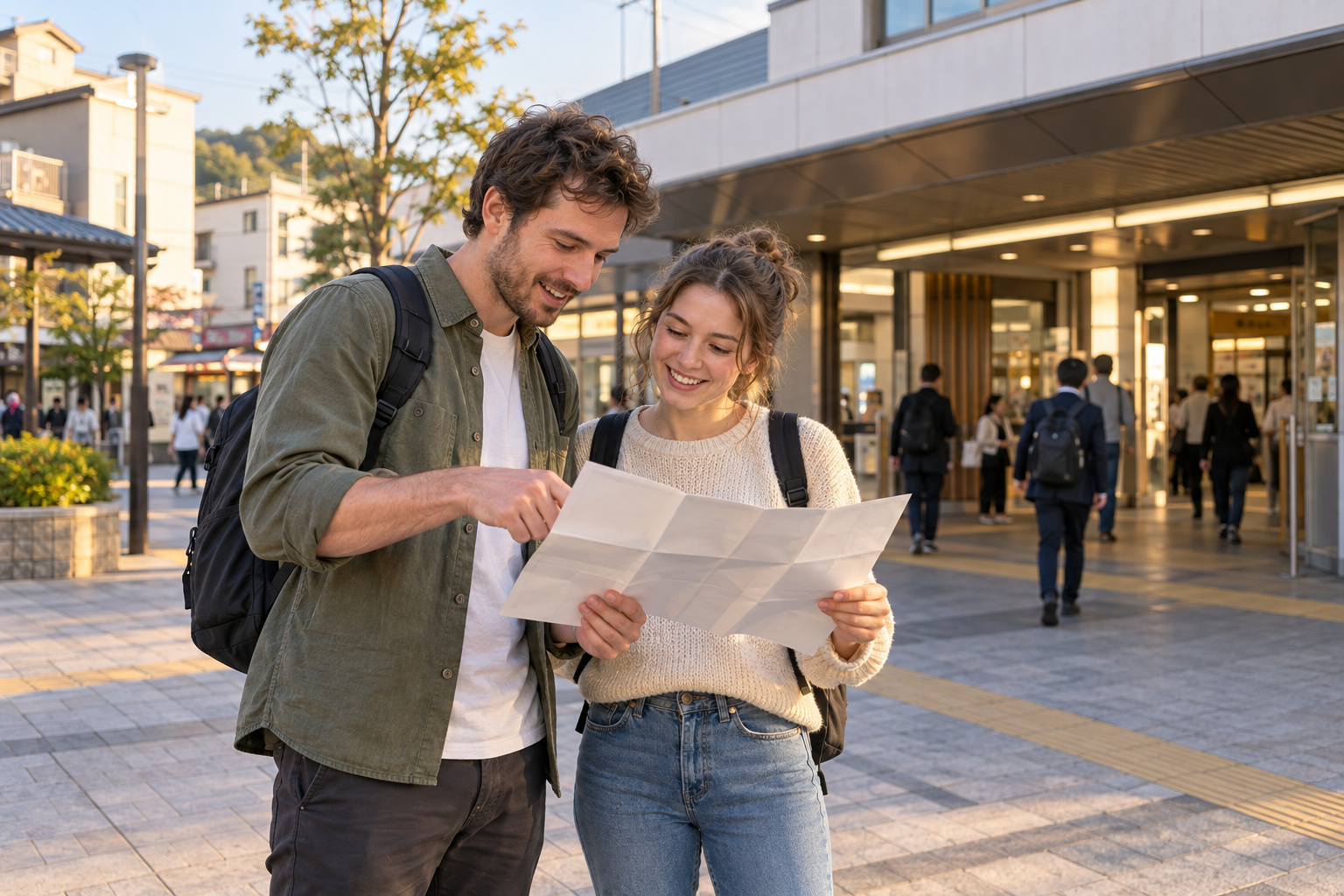 Conceptual travelers checking their onward route outside a suburban station