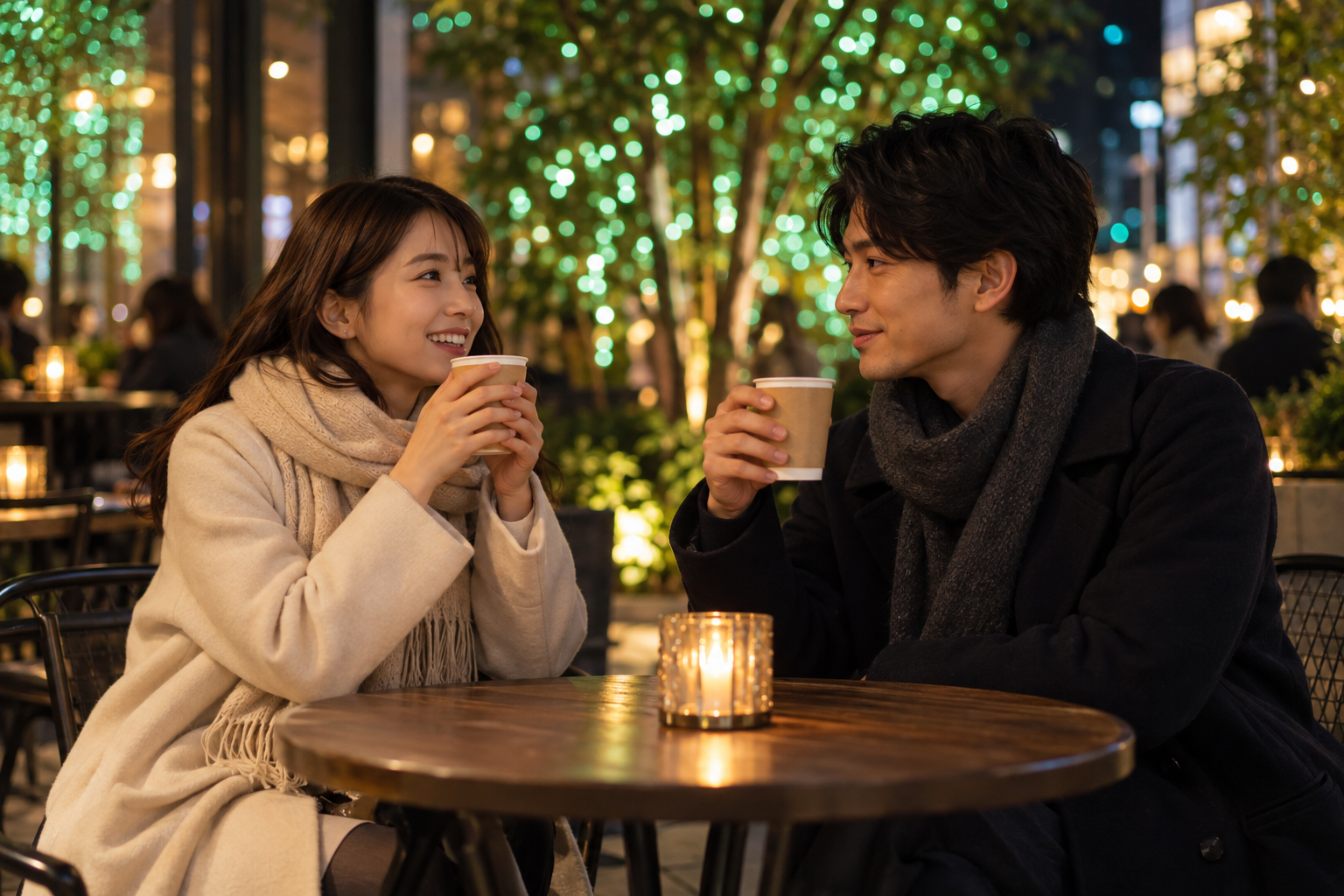 Conceptual travelers resting with warm drinks beside evening lights