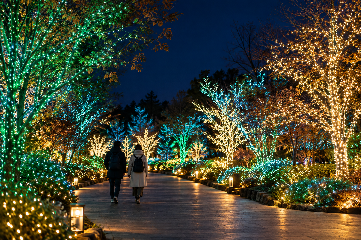 Conceptual jewel-colored illuminated promenade; not the actual park