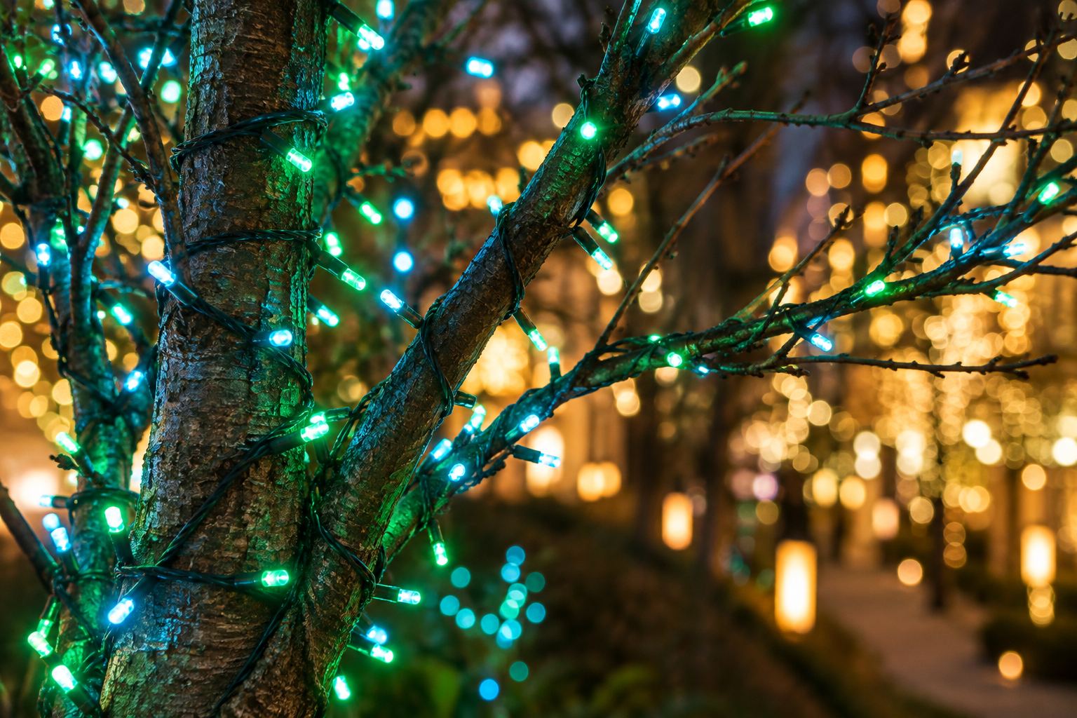 Conceptual green and aquamarine LED lights on tree branches