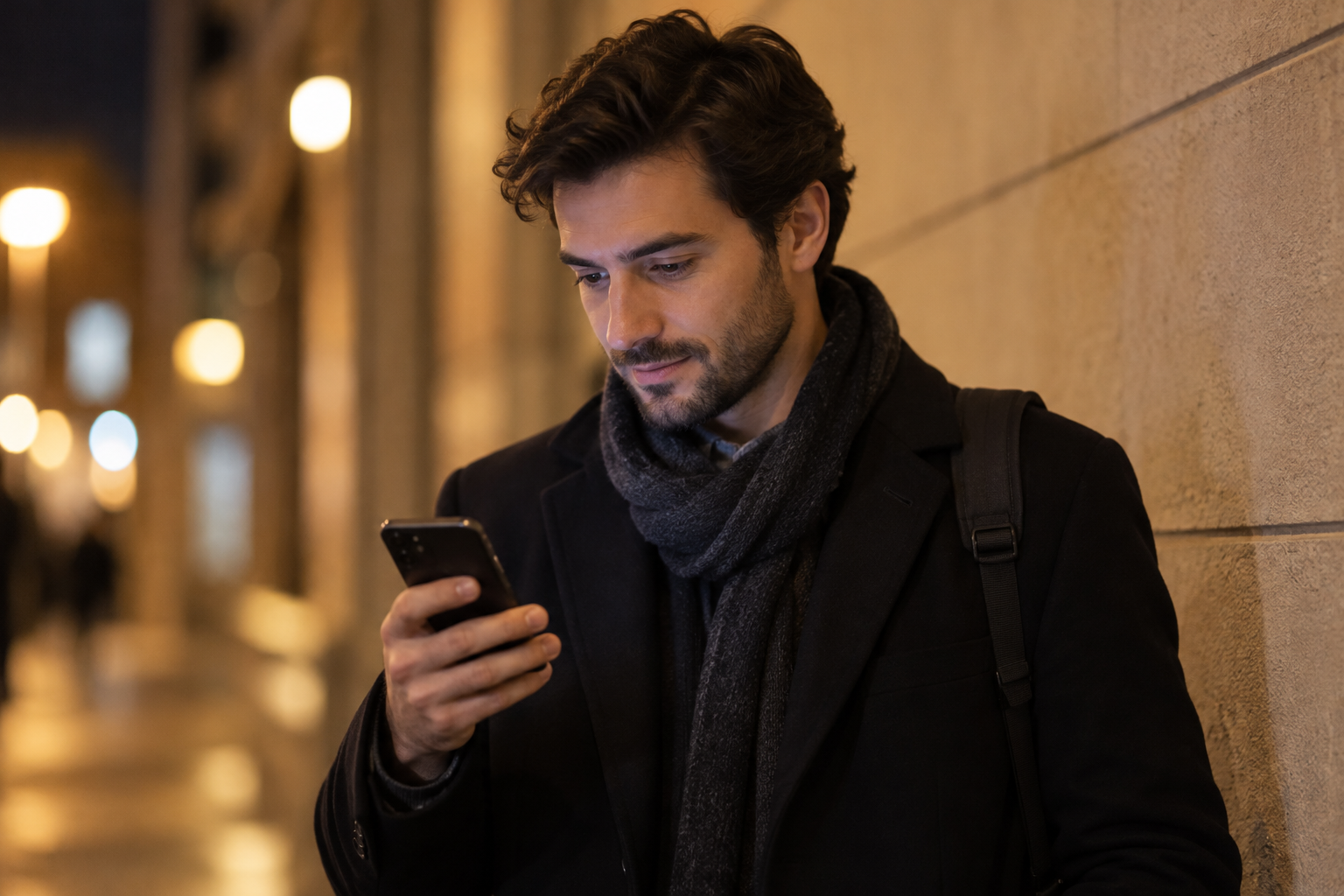 Conceptual traveler checking a return journey on a phone outside a station