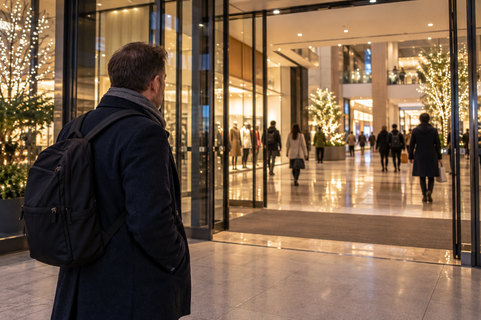 A visitor pausing outside a modern shopping building