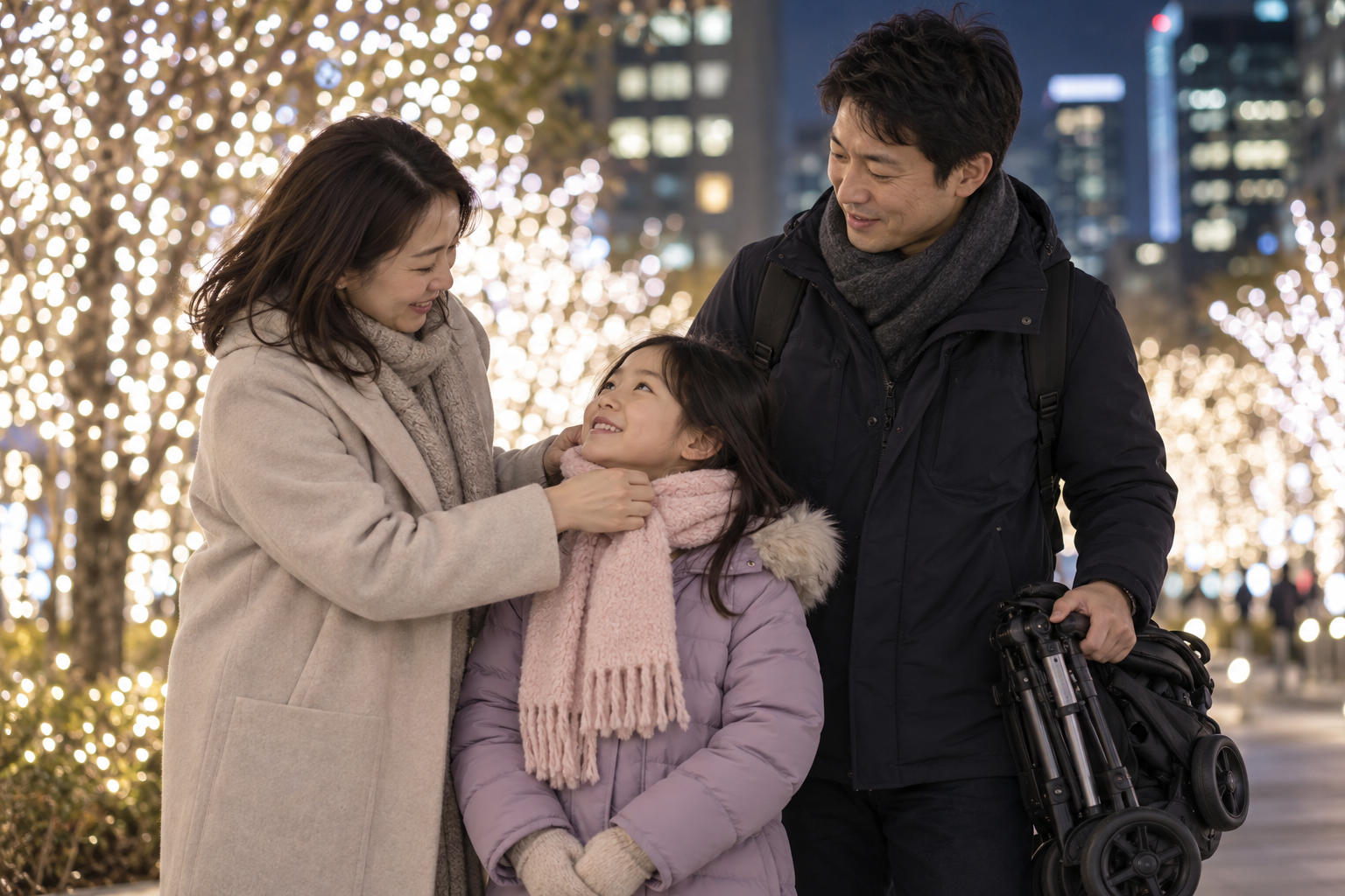 A family adjusting a child's scarf during a winter outing