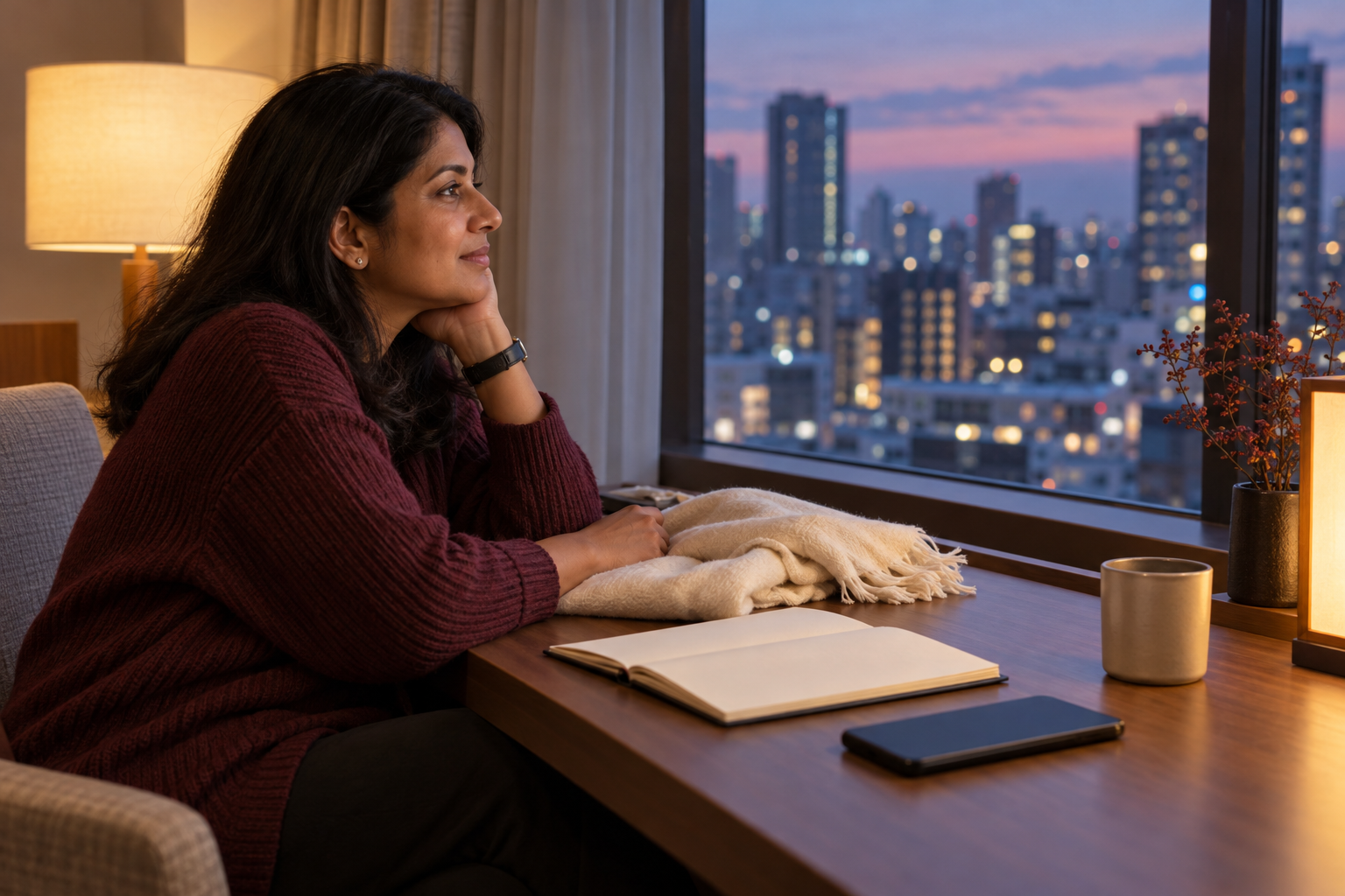 A traveler planning an evening beside a scarf and notebook