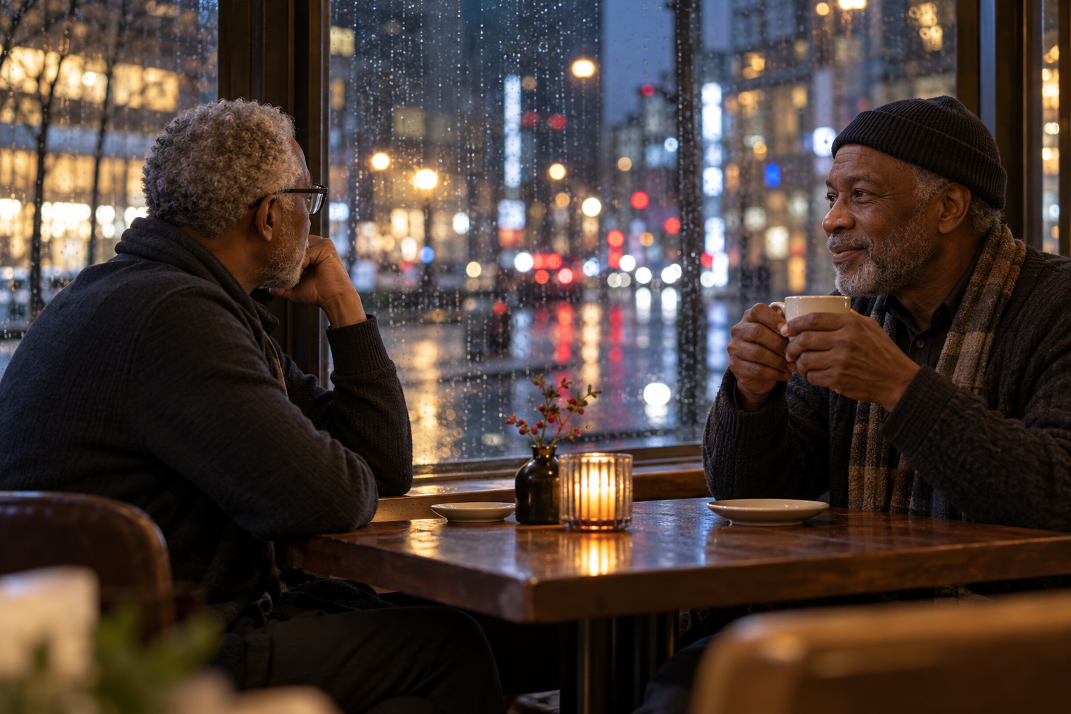 Two older travelers resting indoors beside a rainy window