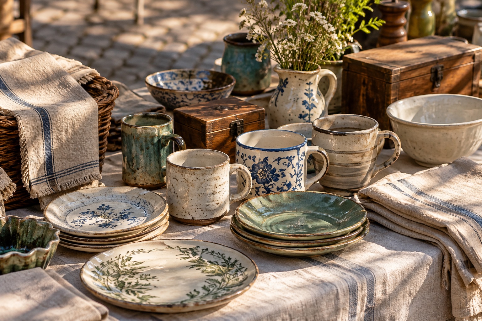 Ceramic cups plates and linens on an illustrative outdoor market table