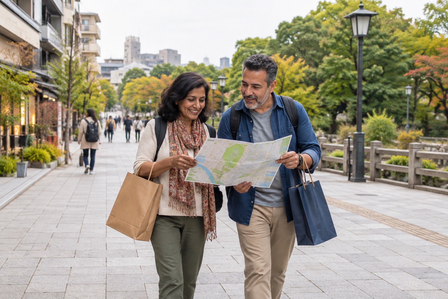 Travelers checking a map on a generic urban pedestrian walkway