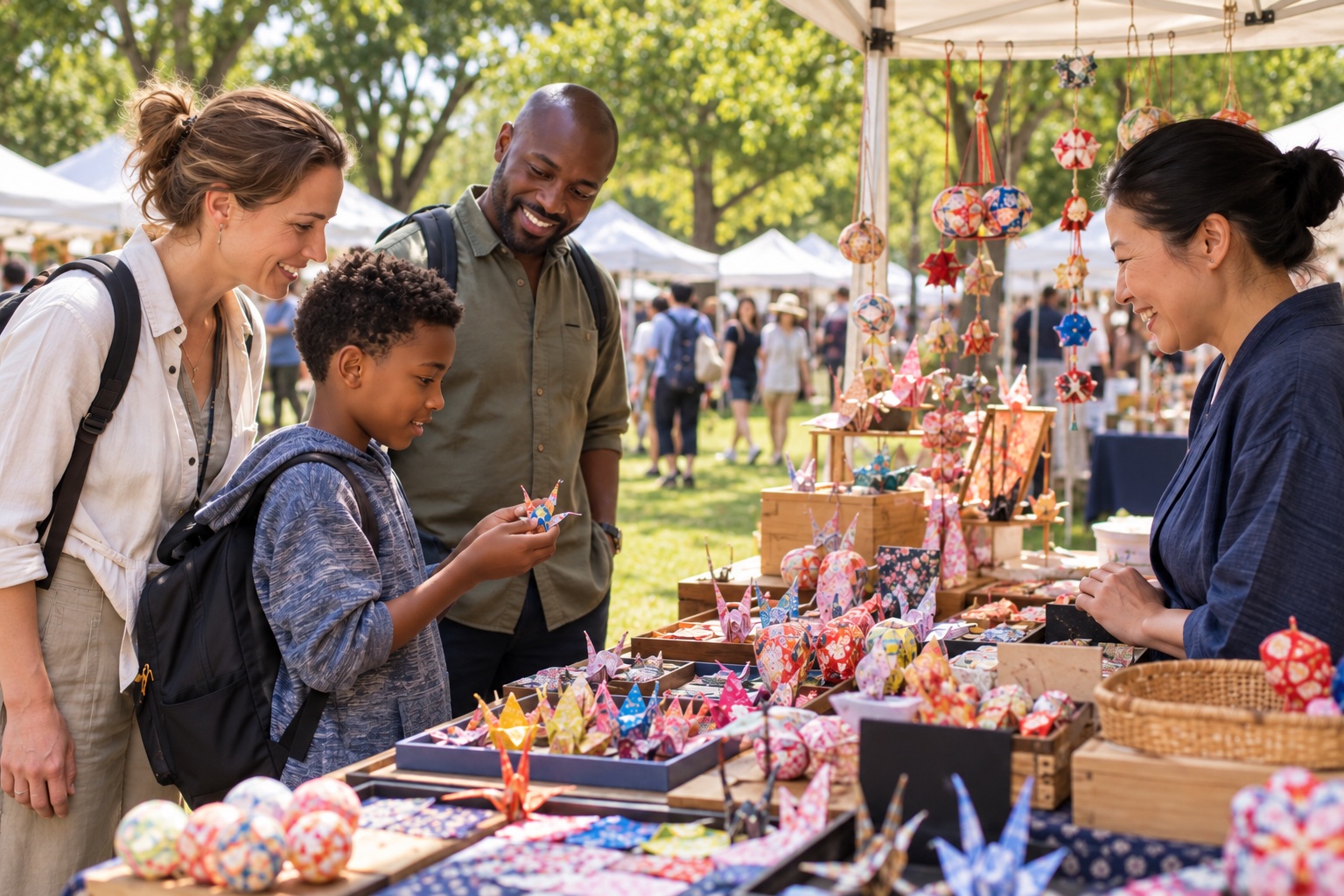 Family browsing paper crafts at an illustrative outdoor market stall
