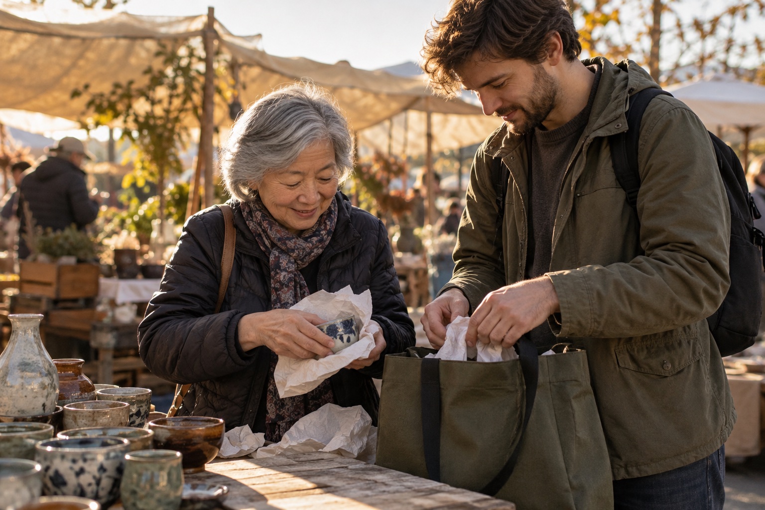 Illustrative scene of travellers protecting small market purchases in a reusable bag