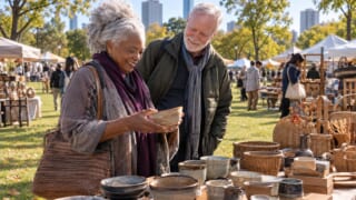 Senior travelers browsing a conceptual outdoor vintage market