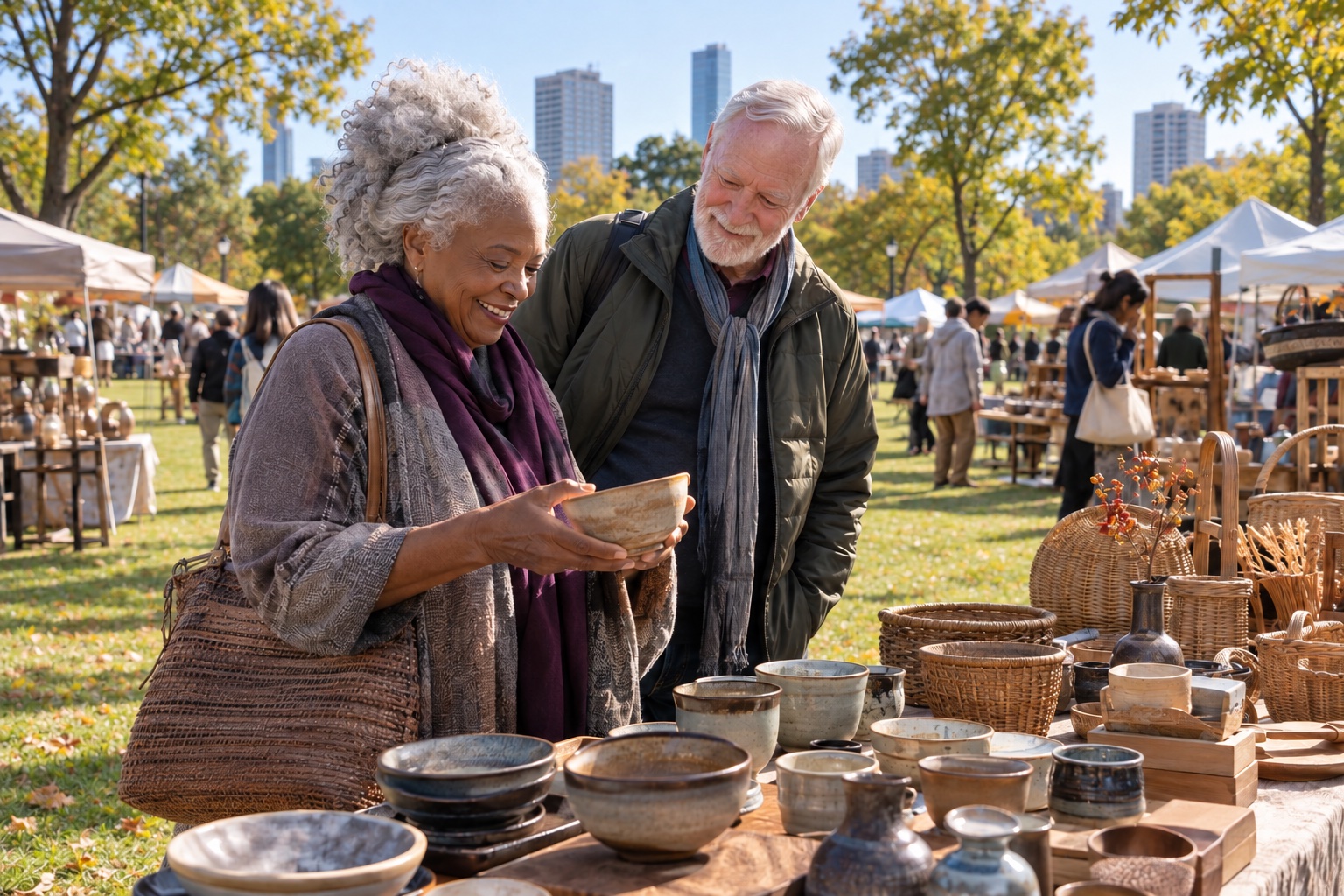 Senior travelers browsing a conceptual outdoor vintage market