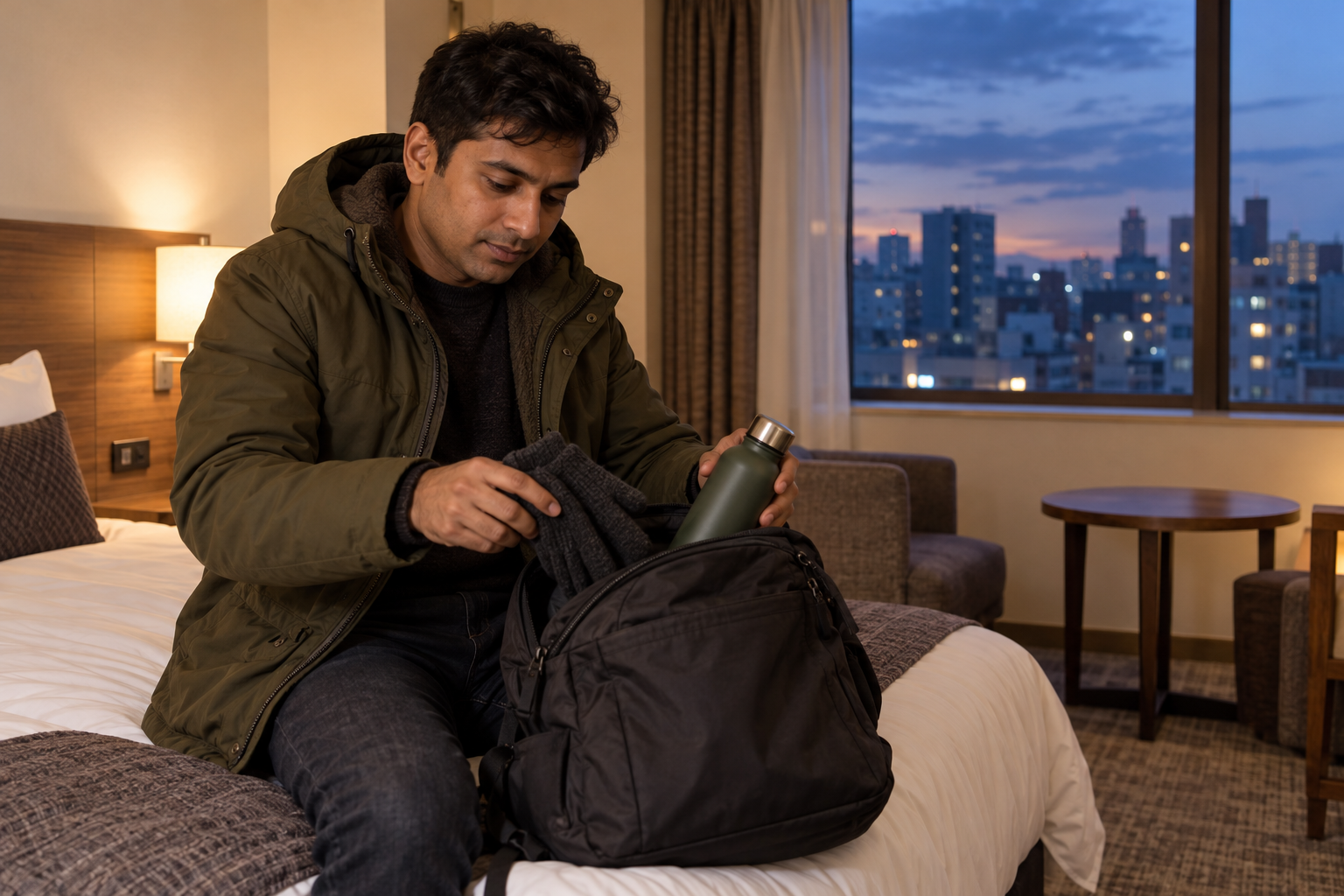 A solo traveller packing a small bag before a winter outing
