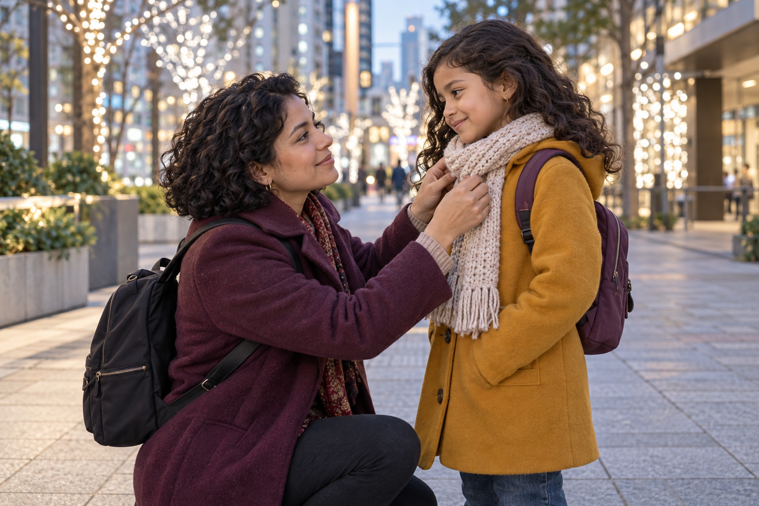 A mother adjusting her child’s scarf before continuing a winter walk
