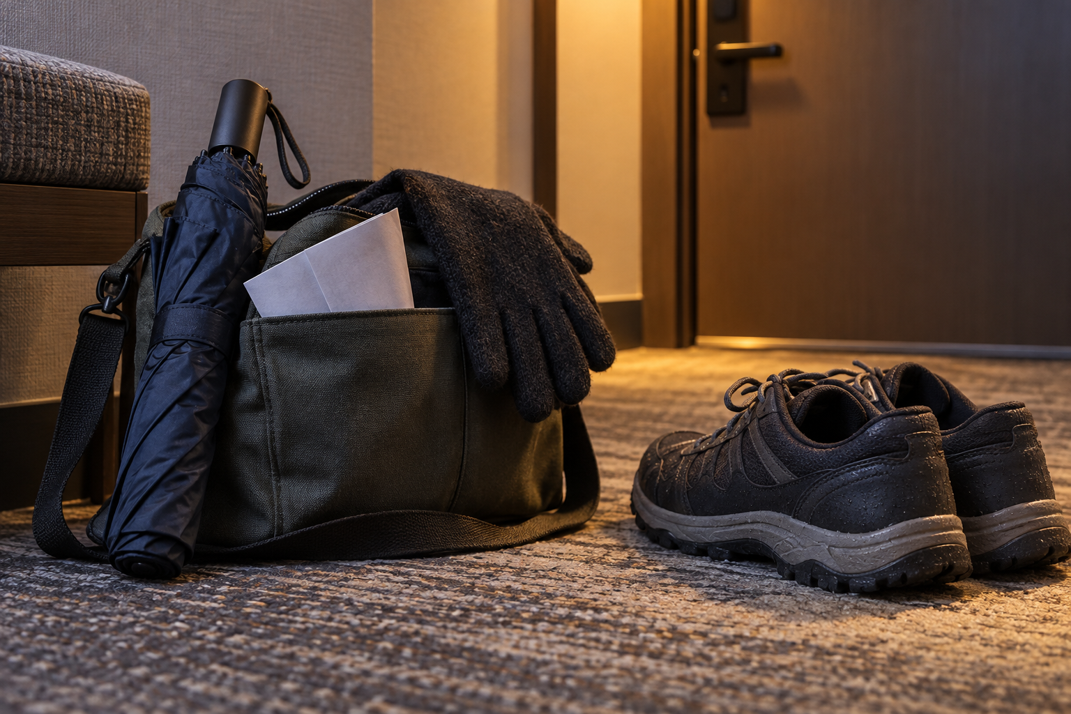 An umbrella and walking gear ready for the journey back