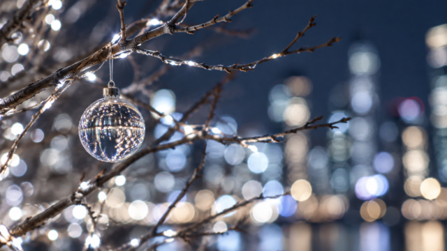 Conceptual white winter lights and a glass sphere
