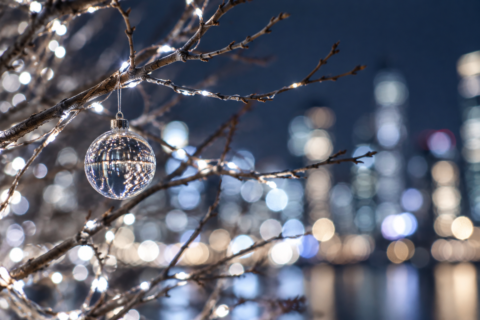 Conceptual white winter lights and a glass sphere